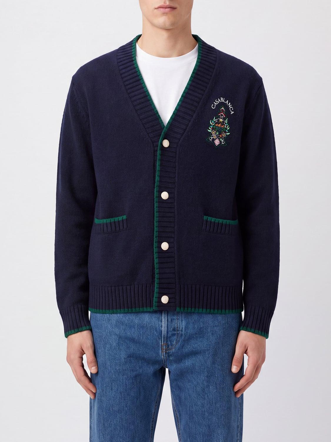 Wool and Cashmere Cardigan with Crest and Contrast Trim