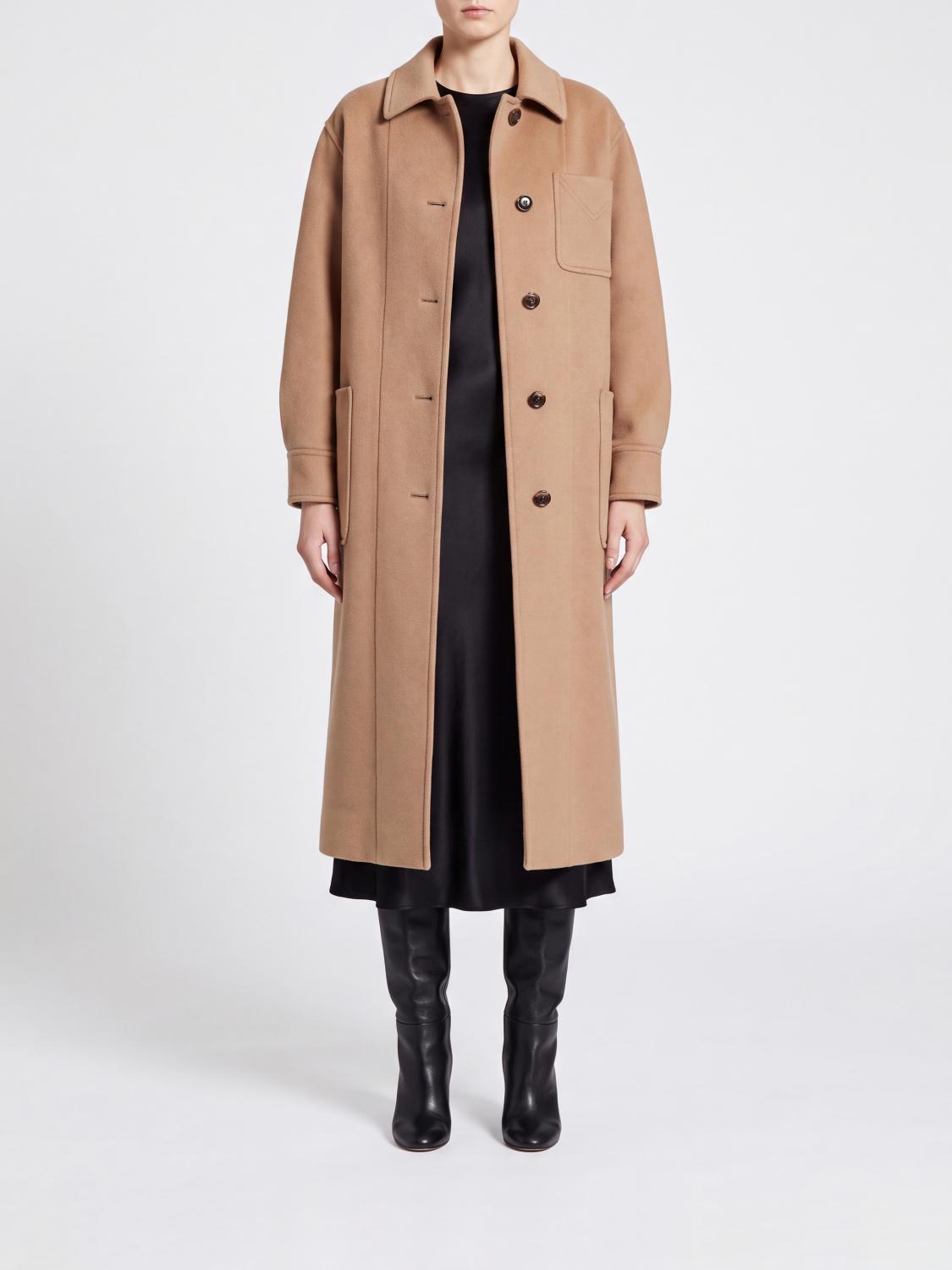 Single-Breasted Long Coat in Wool and Cashmere with Dropped Shoulders