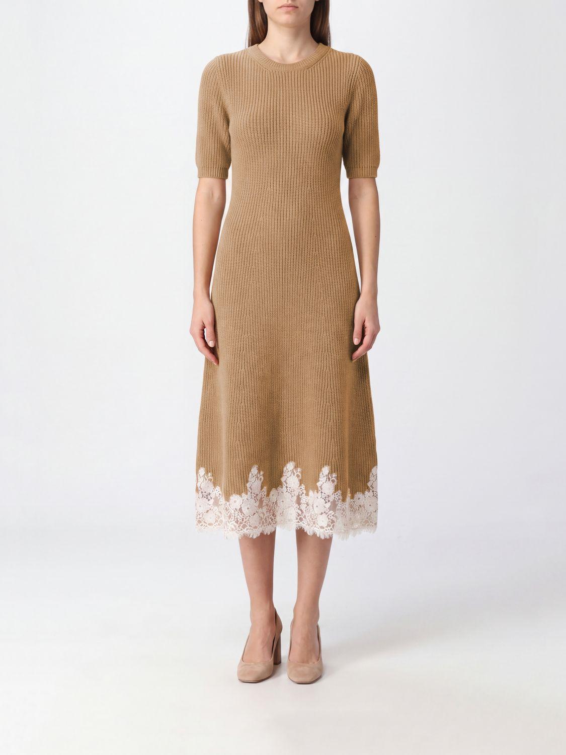 Midi Knit Dress in Cashmere and Camel with Macramé Inserts