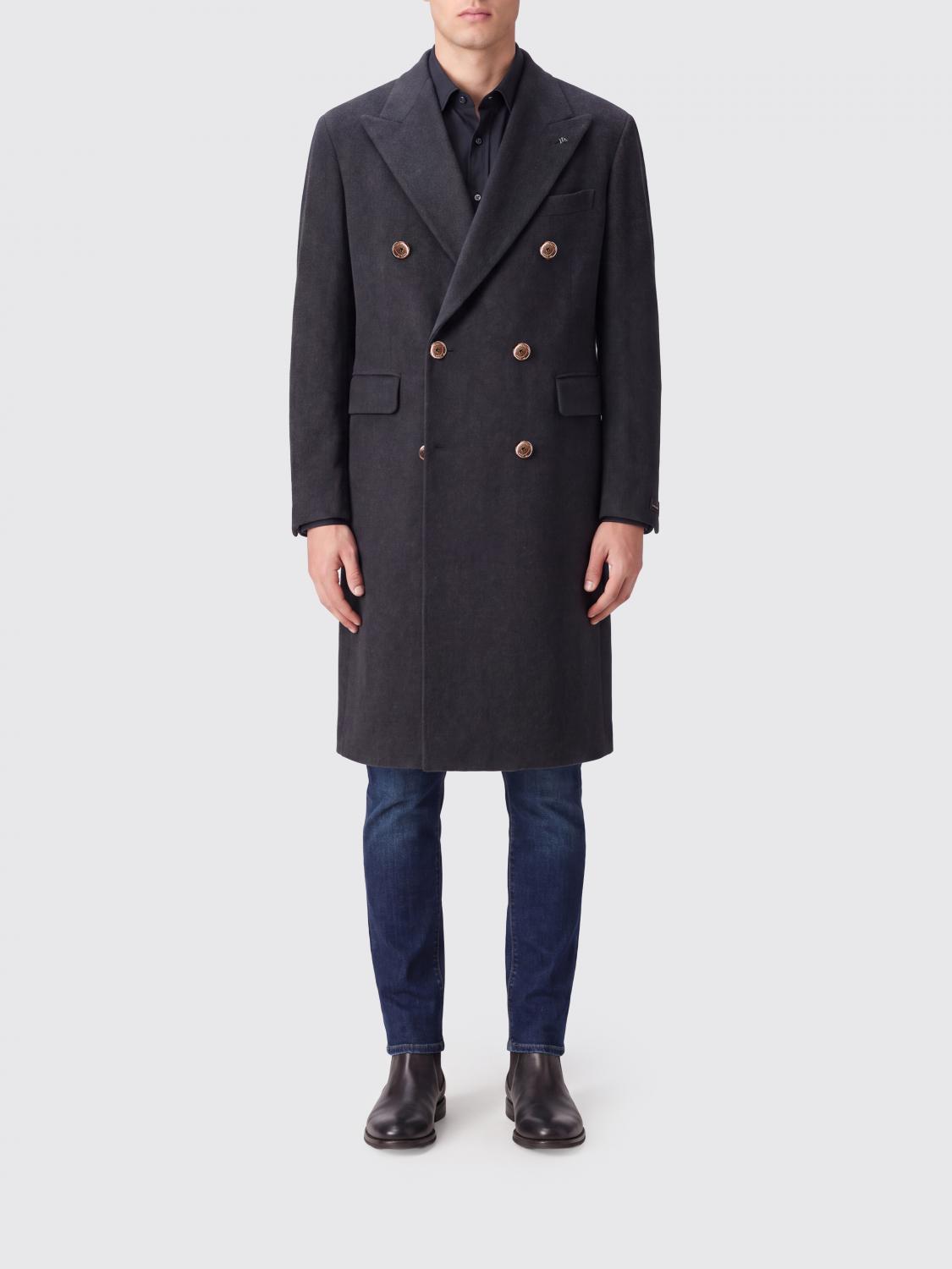 Double-Breasted Long Coat in Wool and Cashmere with Metal Buttons