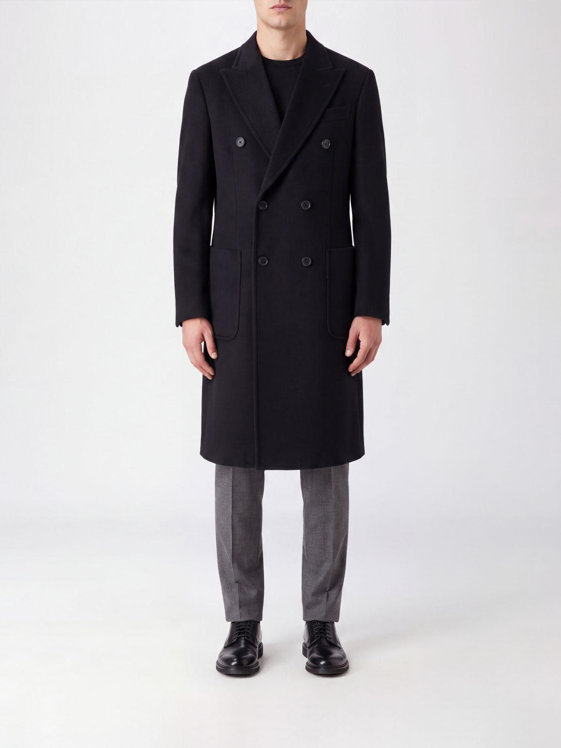 Knee-Length Double-Breasted Coat in Wool and Cashmere