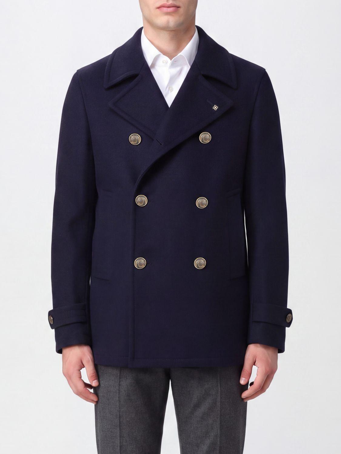 Double-Breasted Peacoat in Wool and Cashmere Blend with Belted Cuffs