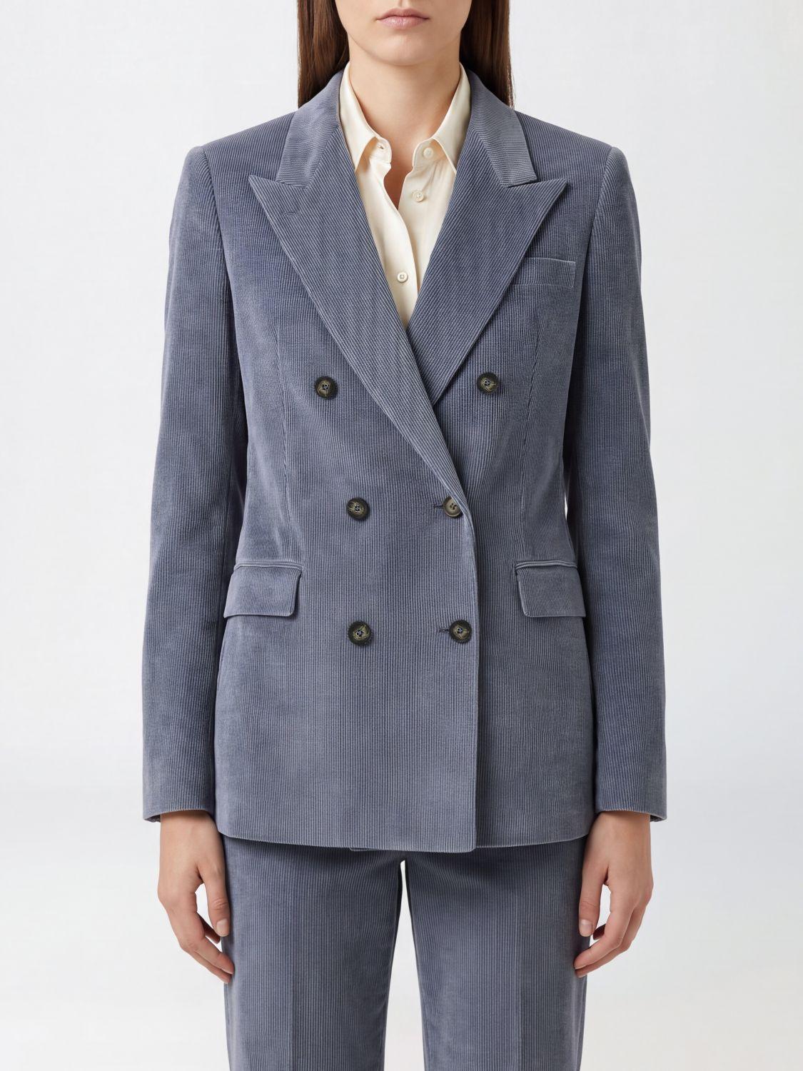 Slim Fit Double-Breasted Blazer in Blue Cotton and Cashmere Corduroy