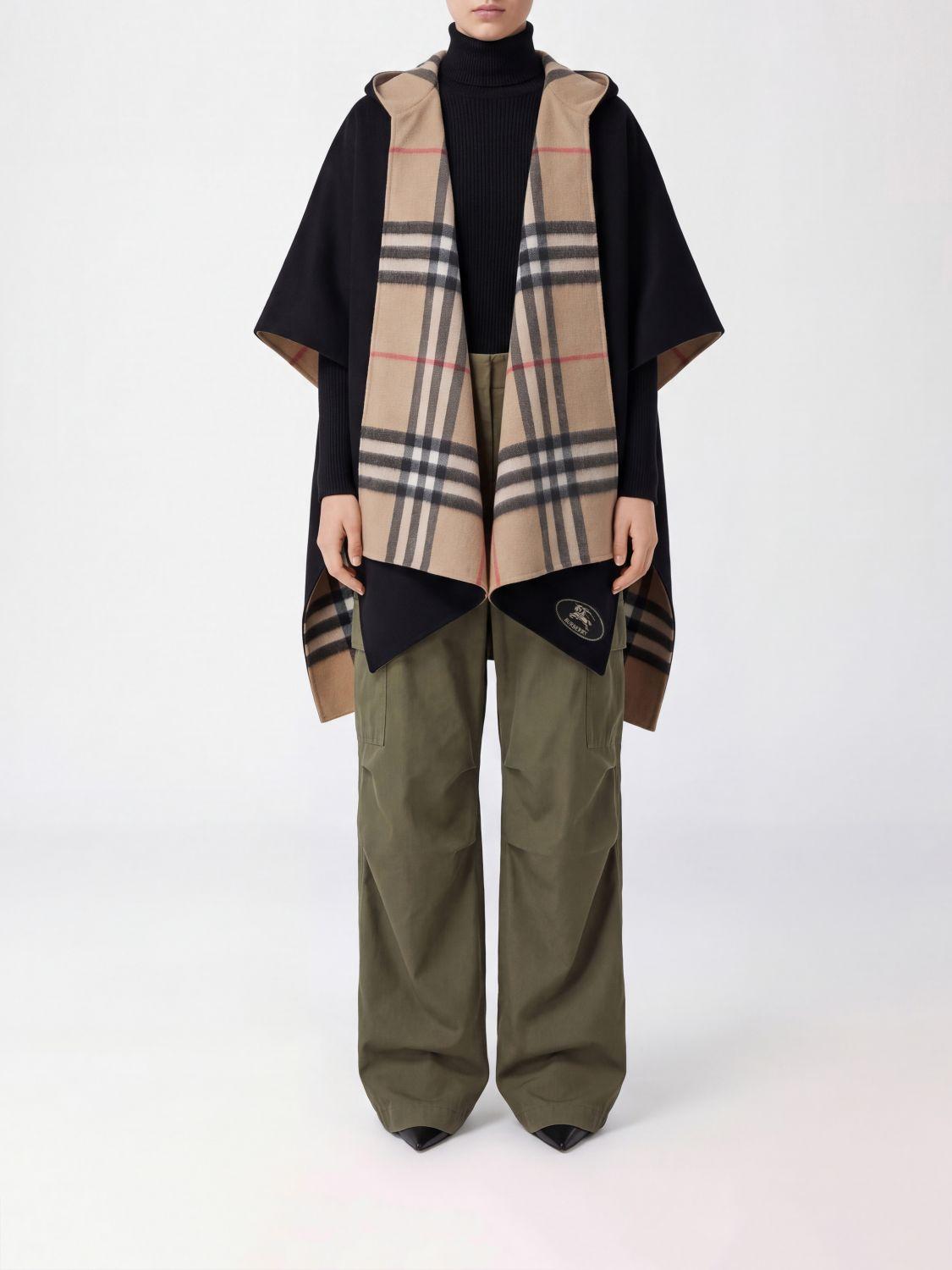 Hooded 100% Cashmere Cape with Check Pattern