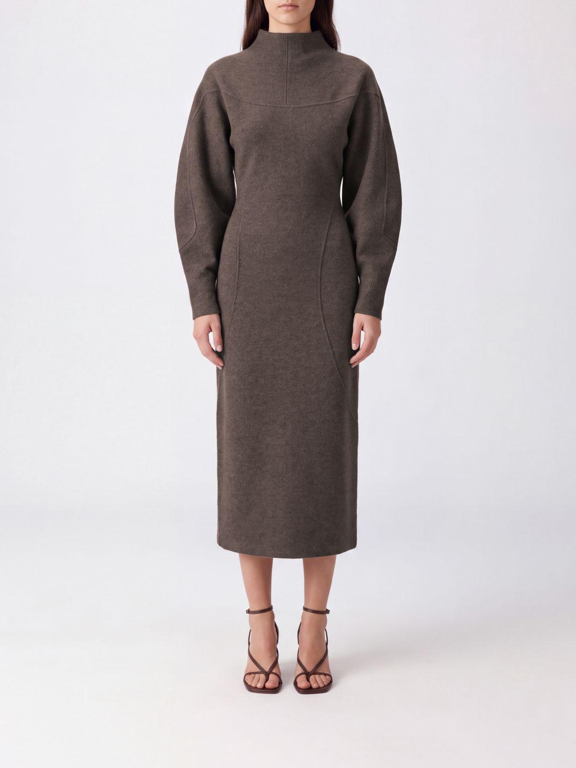 Wool and Cashmere Blend Midi Pencil Dress with Balloon Sleeves