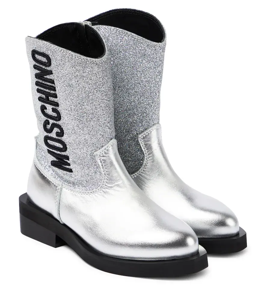 Moschino Kids Logo Glitter Leather Cowboy Boots