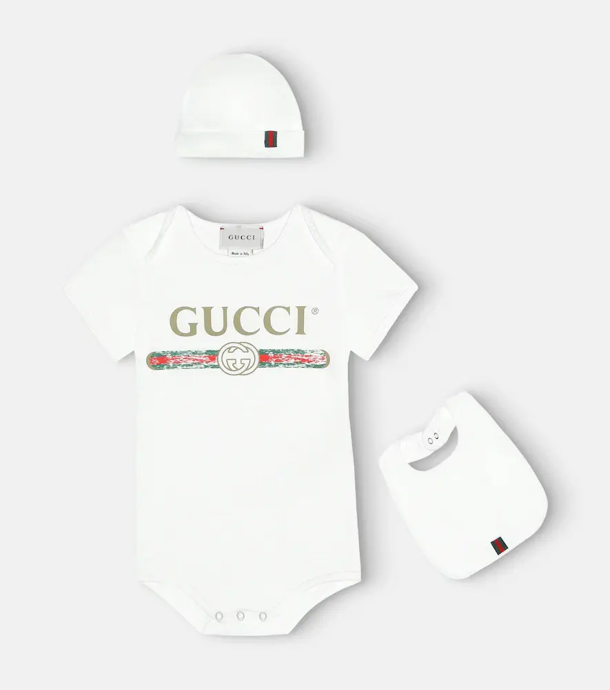 Gucci Kids Baby Cotton Bodysuit, Bib and Hat Set
