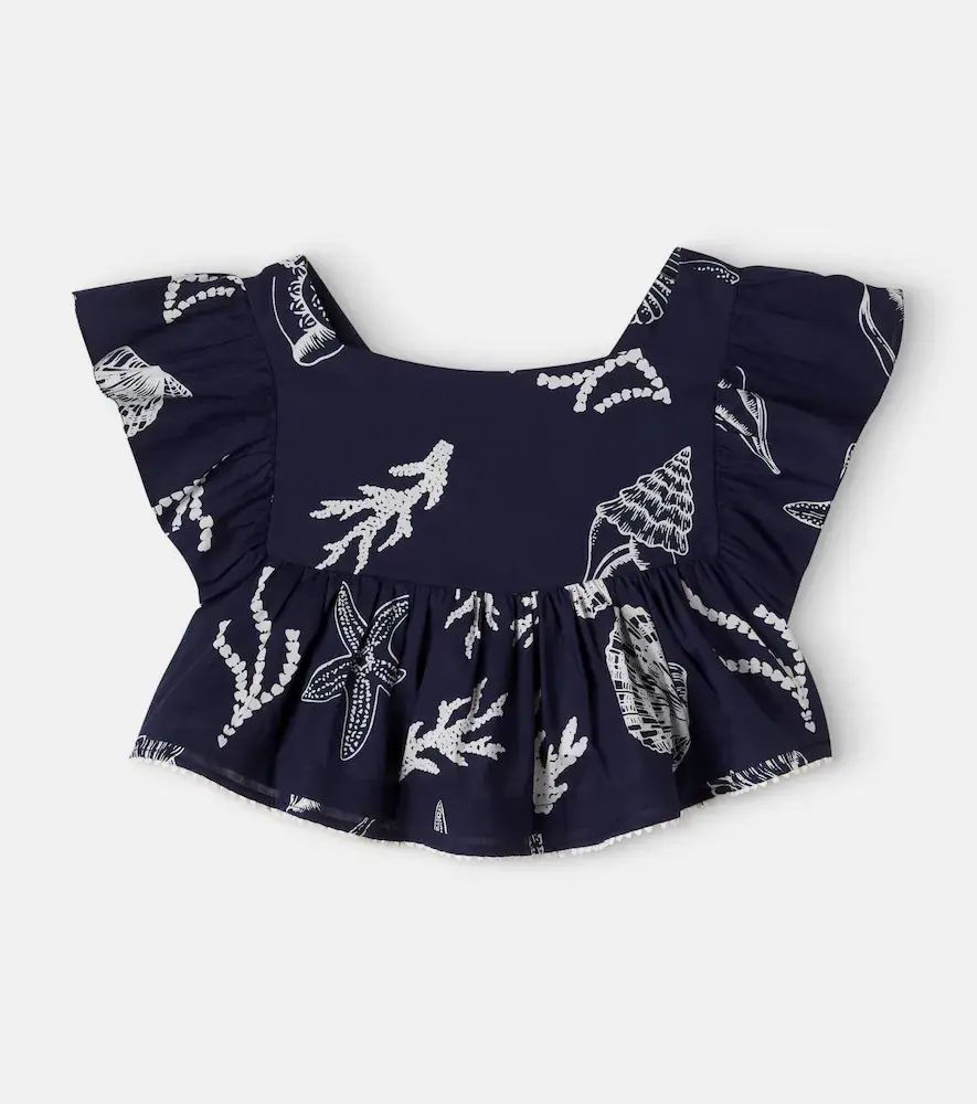 Poupette St Barth Kids Cycas Printed Ruffled Cotton Top
