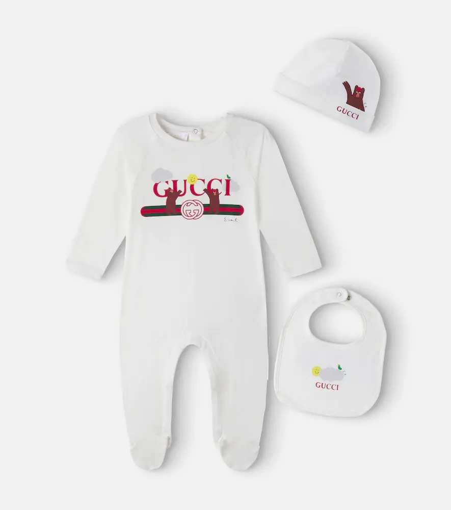 Gucci Kids X Euan Roberts Baby Cotton Beanie, Bib, and Onesie Set
