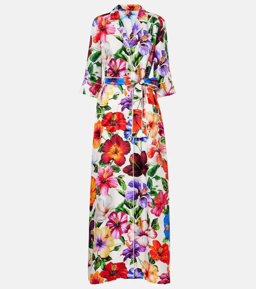 & Gabbana Floral Belted Silk Satin Maxi Dress