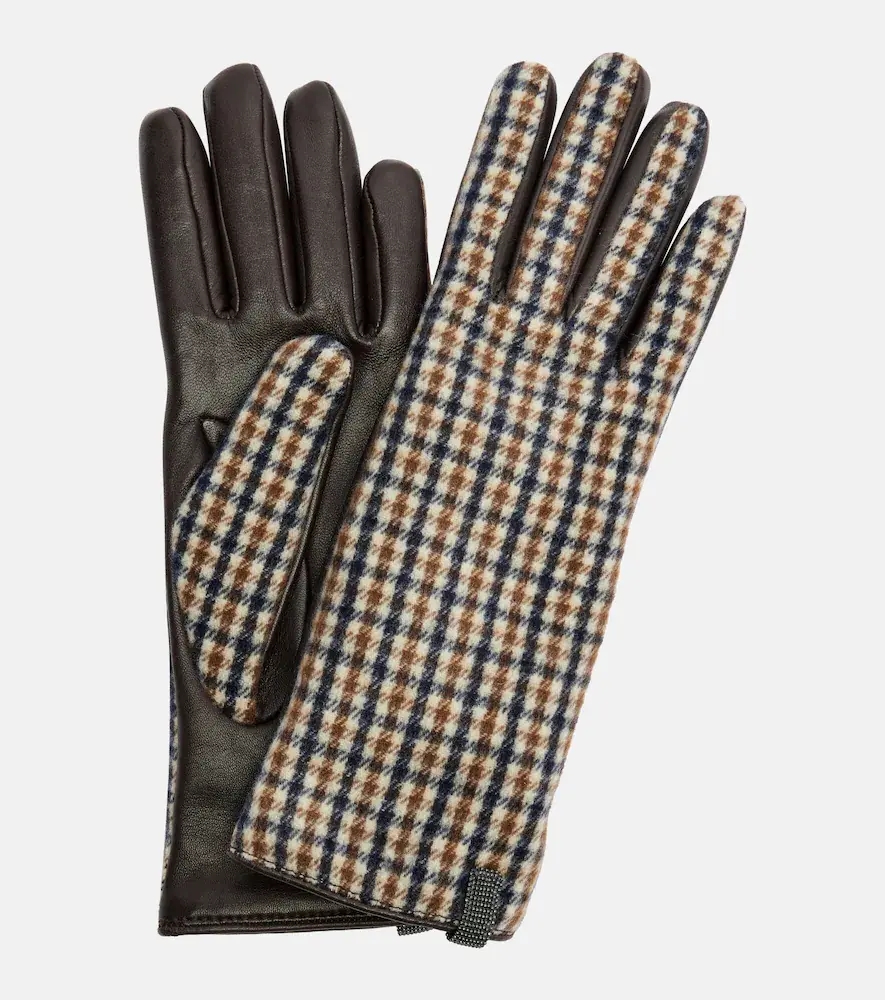 Brunello Cucinelli Monili Checked Virgin Wool and Leather Gloves