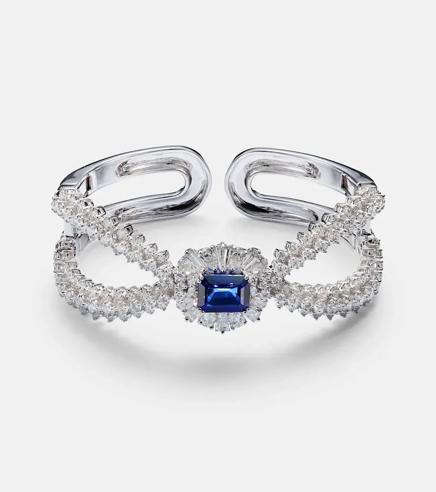 Reign Supreme 18kt White Gold Cuff Bracelet with Diamonds and Sapphire