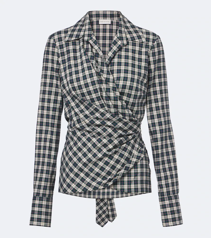 Dries van Noten Draped Plaid Cotton Flannel Shirt
