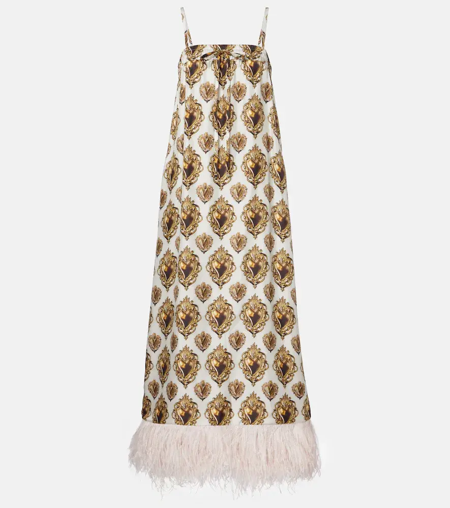 & Gabbana Feather-trimmed Printed Silk Maxi Dress
