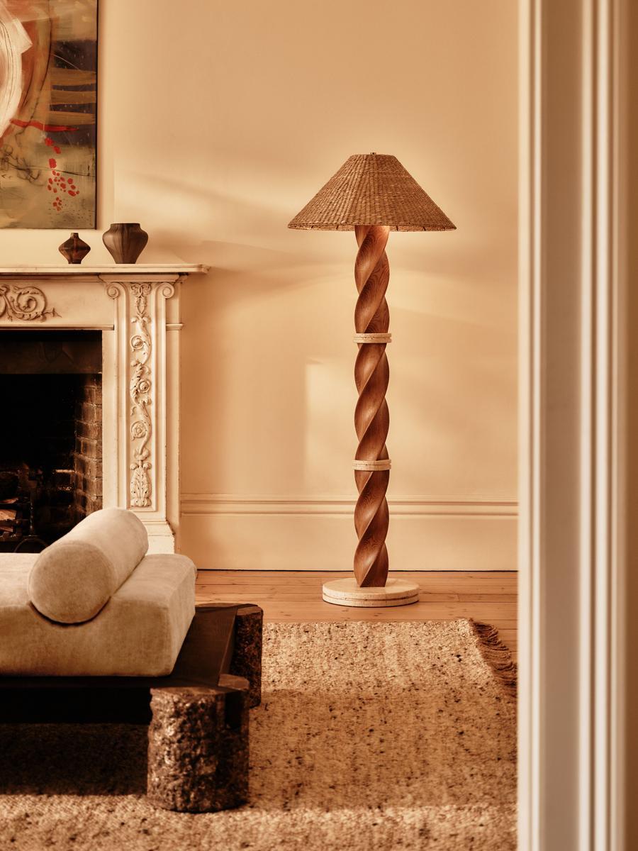 Dario Floor Lamp, Oak & Travertine, UK