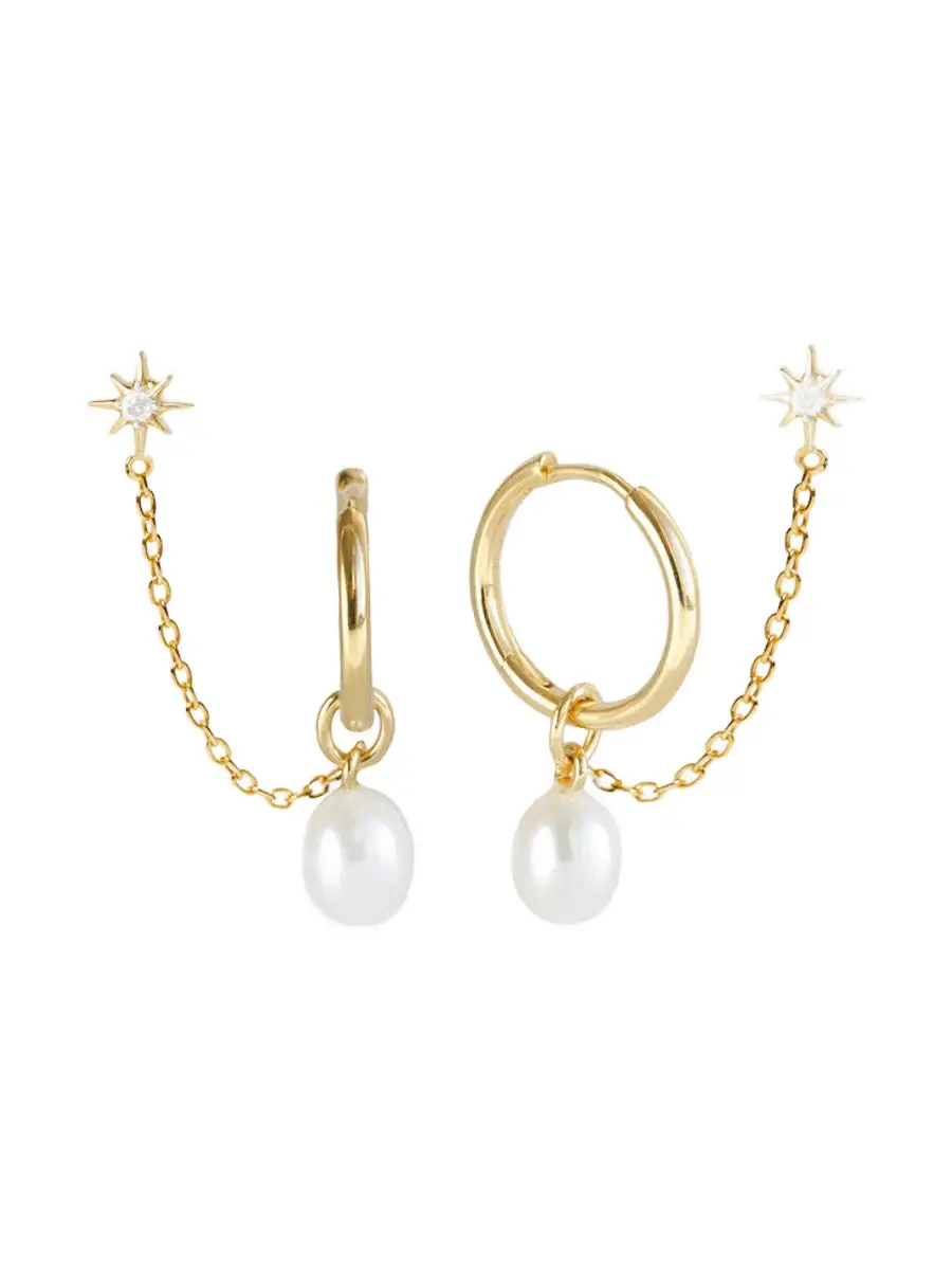 Pearl Hoop and Chain Star Stud Earring