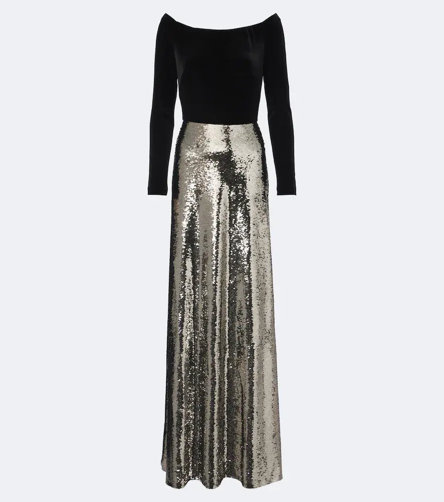Monique Lhuillier Sequined Velvet-paneled Off-shoulder Gown