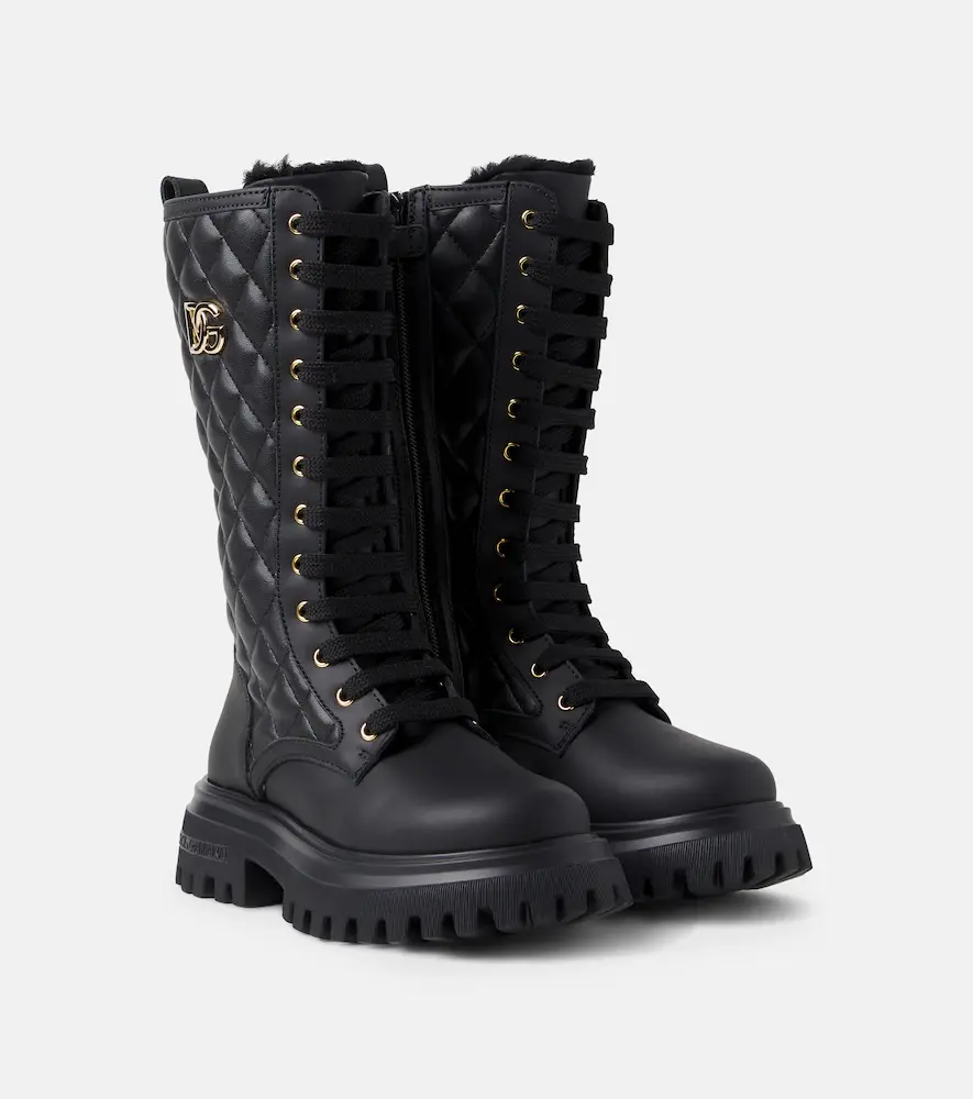 & Gabbana Kids DG Quilted Leather Lace-up Boots