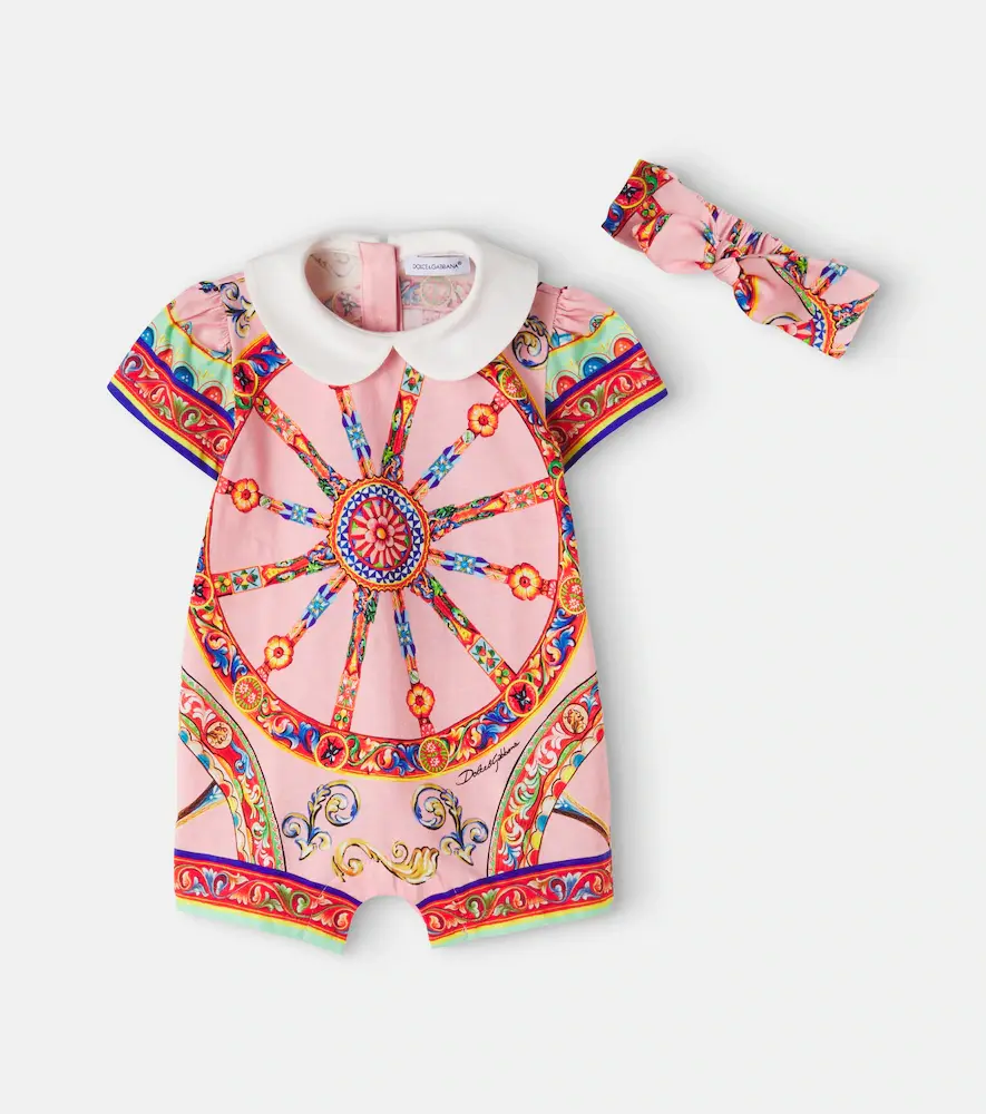& Gabbana Kids Baby Carretto Cotton Playsuit and Headband Set