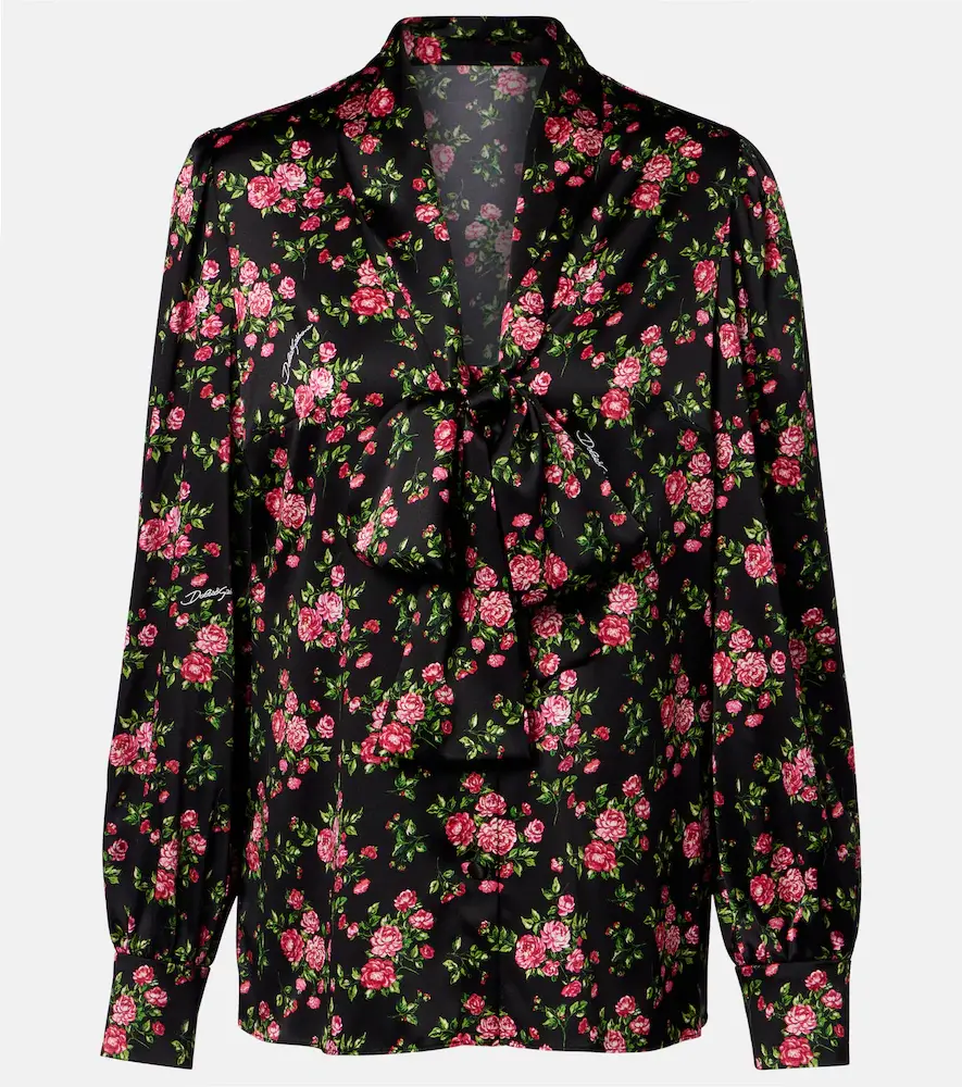 & Gabbana Floral Tie-neck Silk-blend Satin Blouse