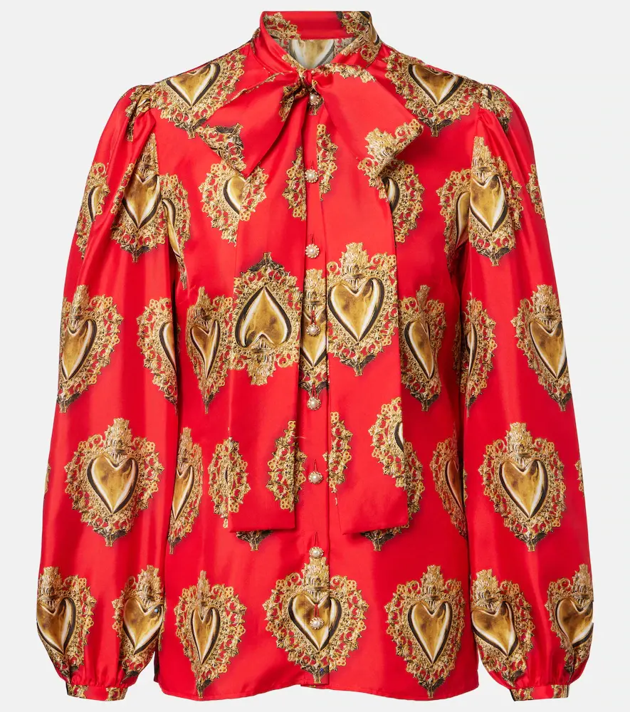 & Gabbana Printed Tie-neck Silk Blouse