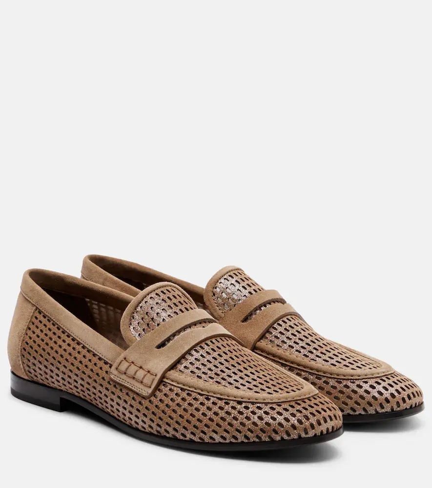Brunello Cucinelli Perforated Suede-trimmed Leather Penny Loafers