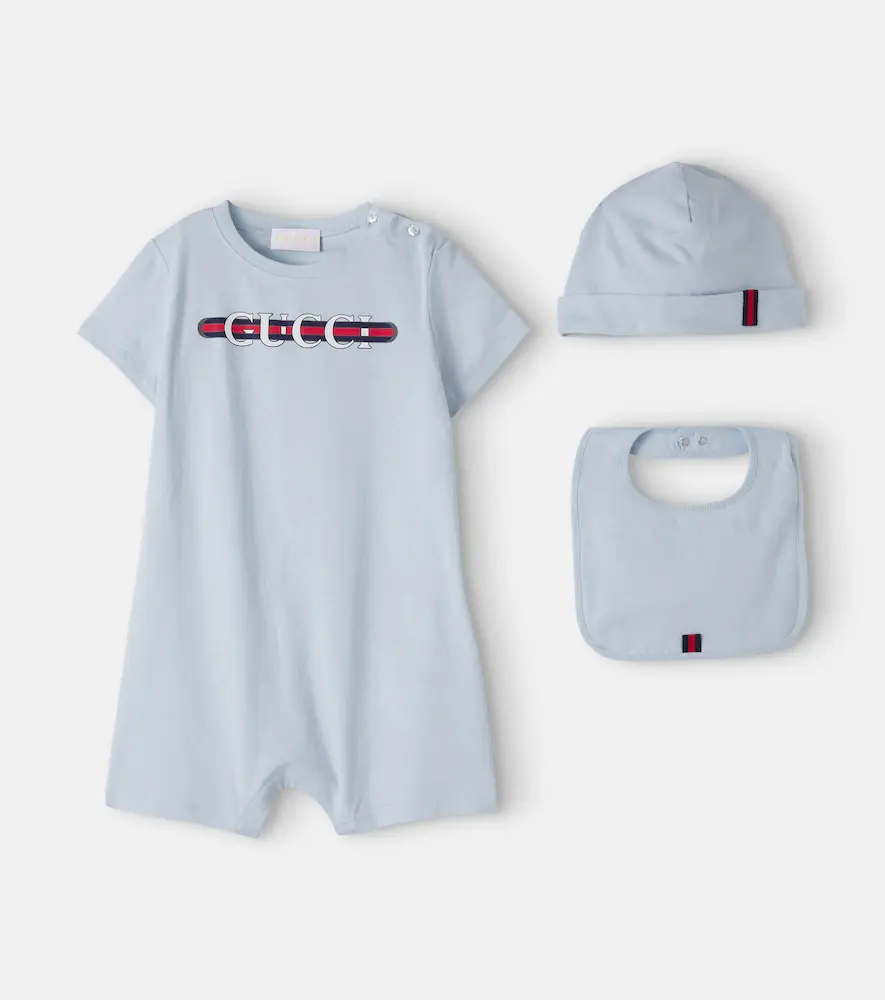 Gucci Kids Baby Cotton Playsuit, Bib, and Hat Set